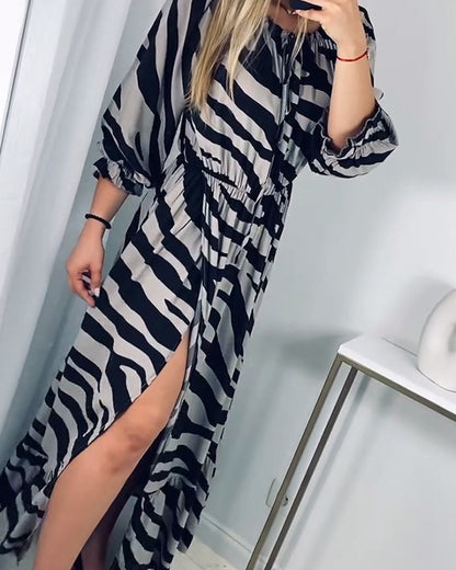 Contrast stripe print slit elegant dress casual dresses spring