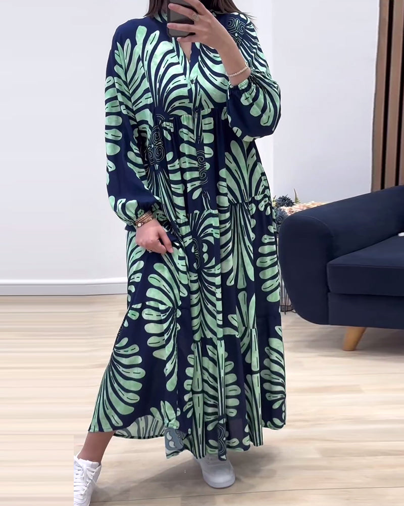 Stand collar long sleeve patchwork printed long dress casual dresses spring summer