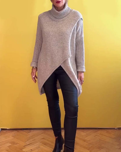 High collar slit solid color casual sweater 2024 f/w pullovers