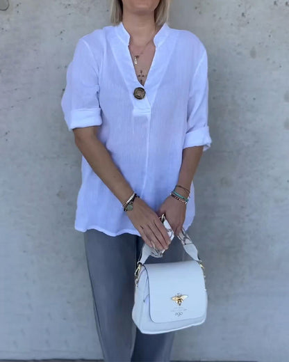 Solid Color Cotton Stand Collar Blouse