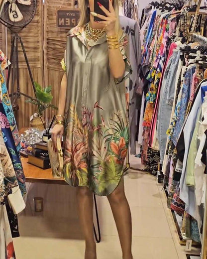 Botanical print lapel half-sleeve midi dress casual dresses summer