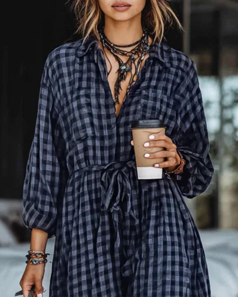 Fashionable Plaid Lapel Tie Dress