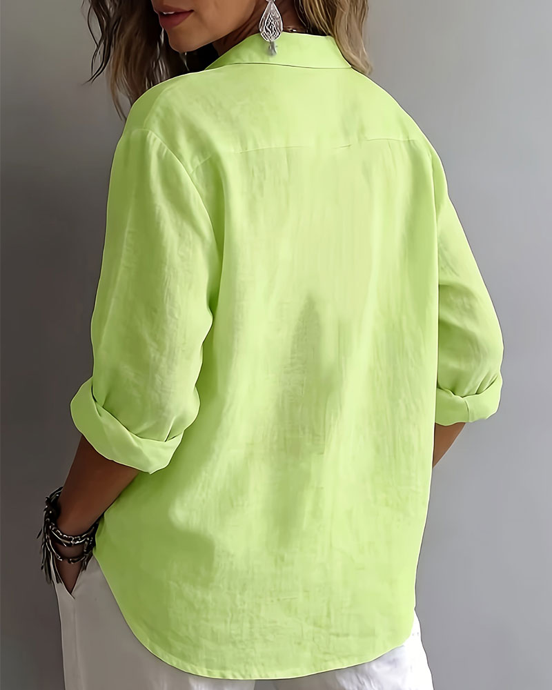Solid Color Lapel Half-Placket Long Sleeve Blouse