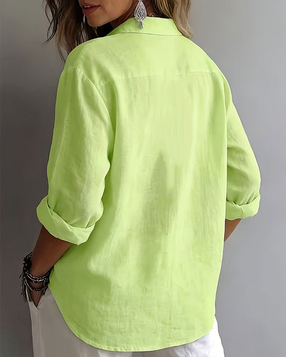 Solid Color Lapel Half-Placket Long Sleeve Blouse