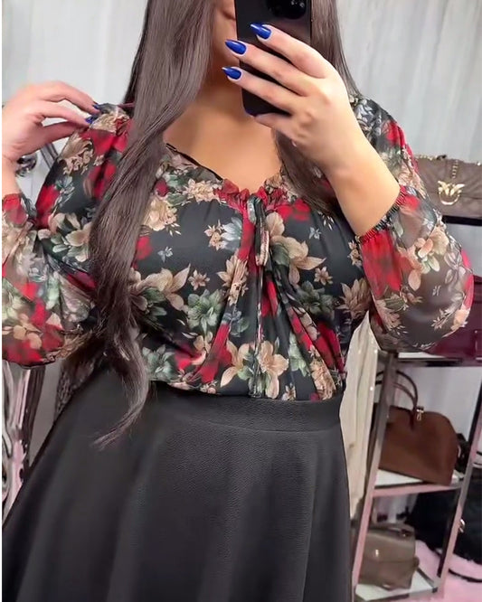 Fashionable Floral V-Neck Blouse