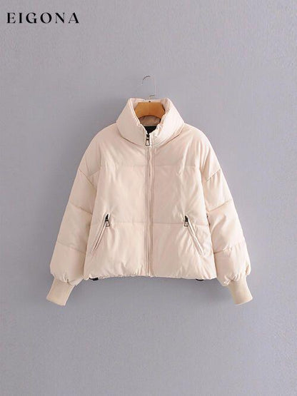 Zip Up Drawstring Winter Coat with Pockets Ivory clothes K&BZ Ship From Overseas