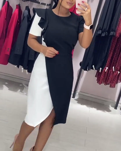 Fashionable color block slit ruffle dress 202466 casual dresses summer