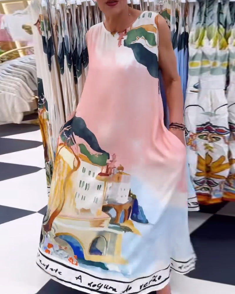 Sleeveless Landscape Painting Loose Dress