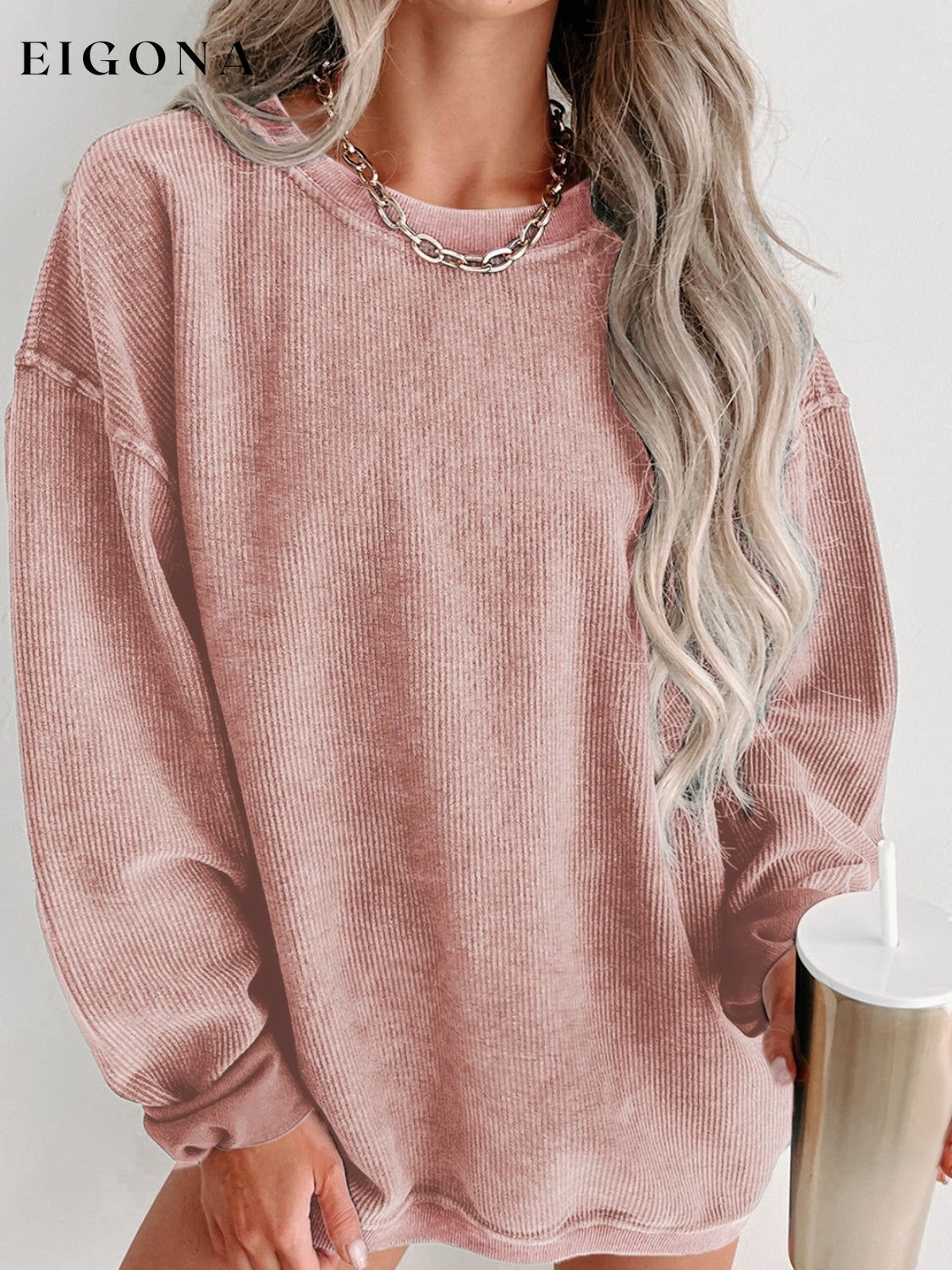 Round Neck Dropped Shoulder Washed Out Casual Sweatshirt Dusty Pink clothes Ship From Overseas sweater sweaters SYNZ