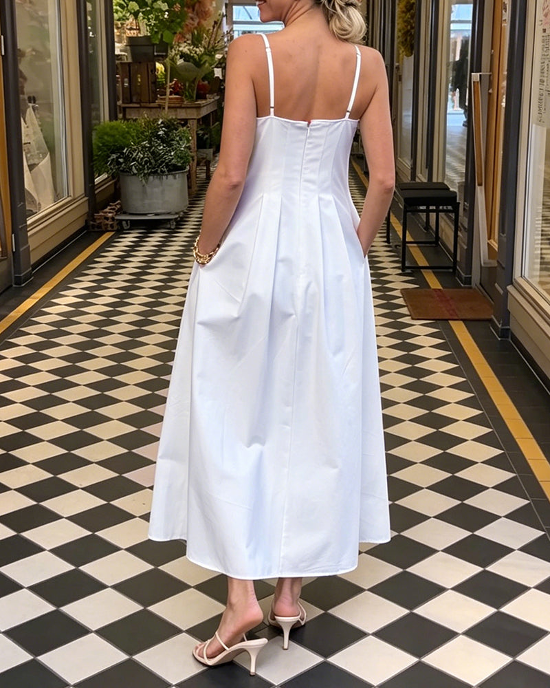 V-Neck Spaghetti Strap Solid Color Dress