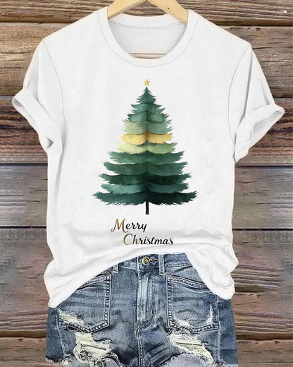 Solid color Christmas tree print crew neck T-shirt 2024 f/w christmas spring summer t-shirts