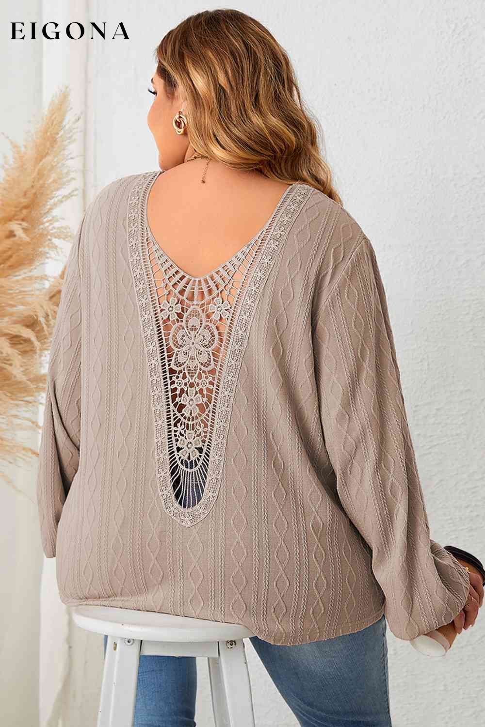 Plus Size Lace Detail V-Neck Long Sleeve Blouse Taupe clothes HS long sleeve shirt long sleeve shirts long sleeve top Ship From Overseas top tops