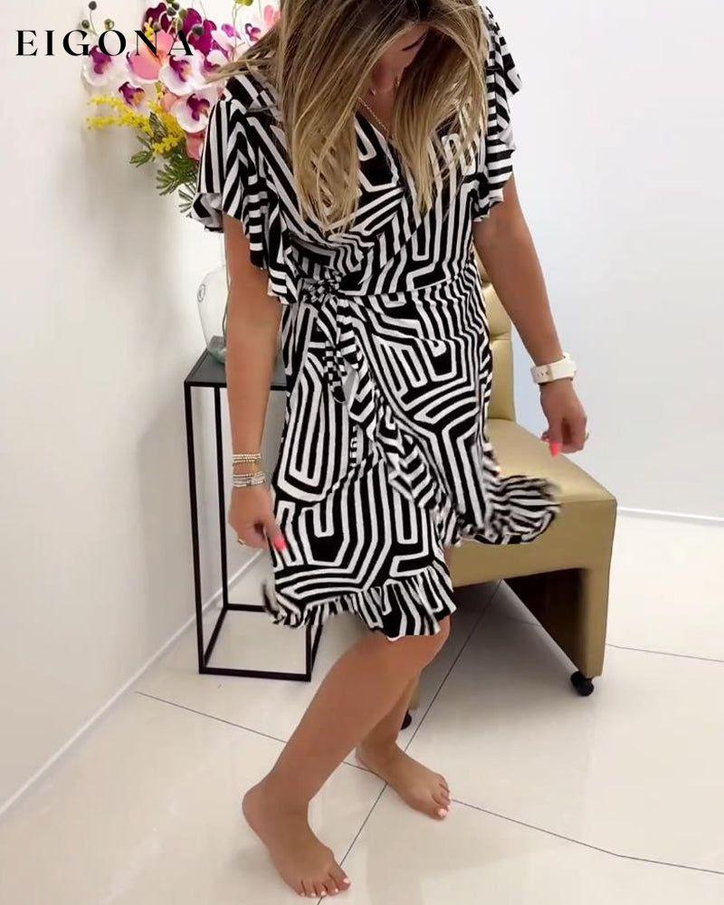 Fashionable geometric print V-neck ruffle dress casual dresses spring summer