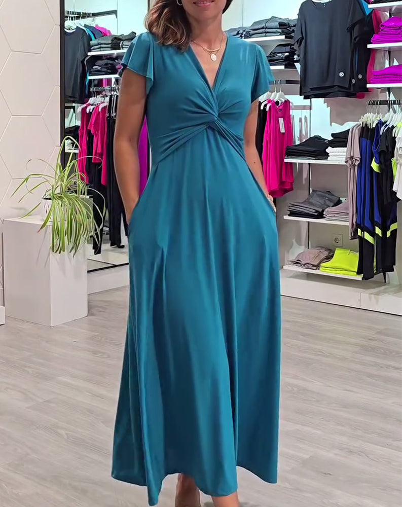 Short-Sleeved Solid Color Twisted Temperament Dress