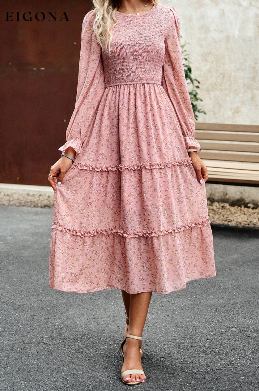 Smocked Flounce Sleeve Midi Dress Dusty Pink clothes DY Ship From Overseas trendsi