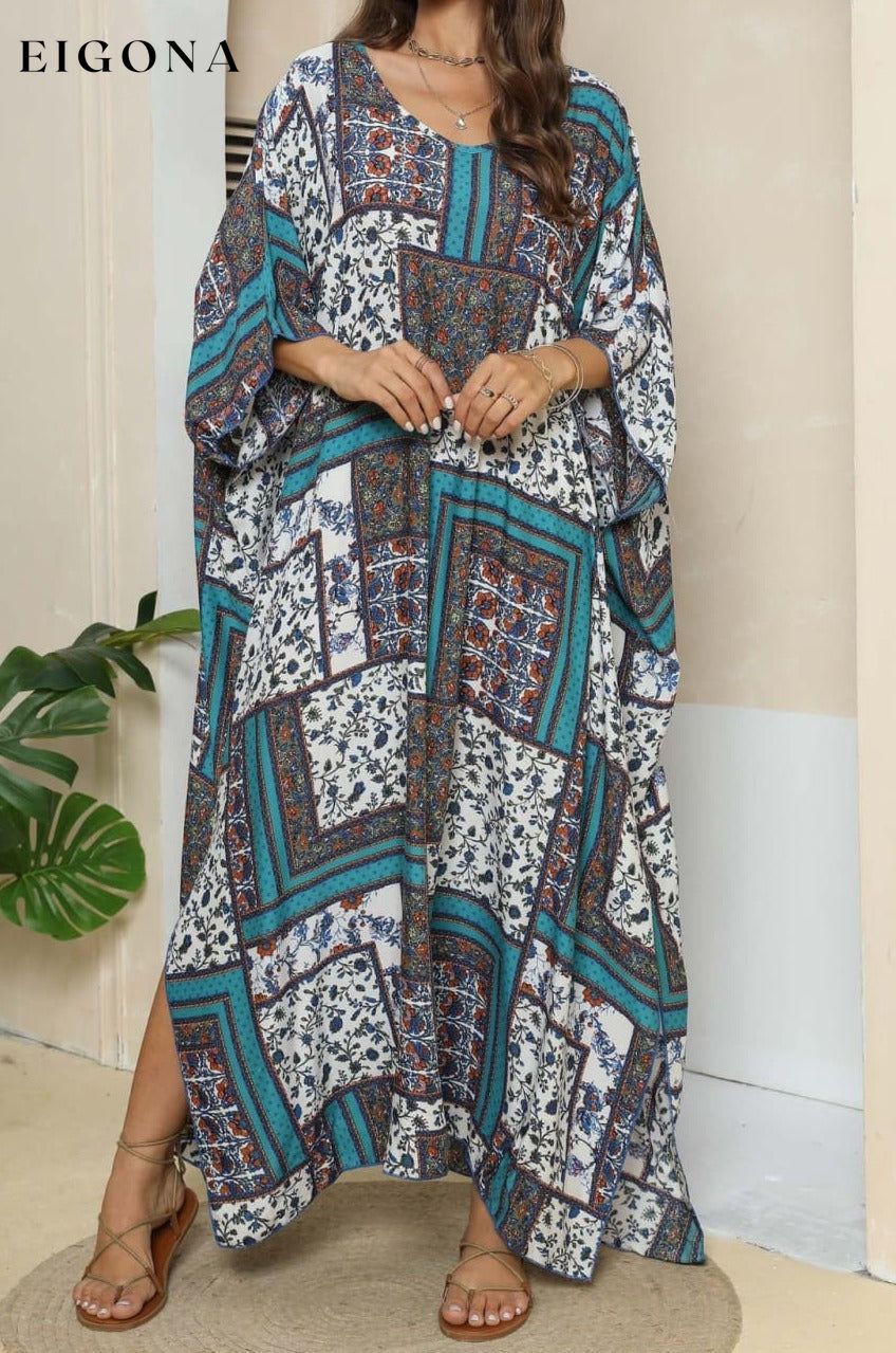 Printed V-Neck Split Maxi Dress Turquoise One Size clothes O & Y.M Ship From Overseas trend