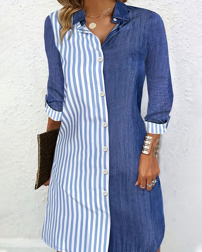 Collared Striped Color-Blocked Shirt Dress