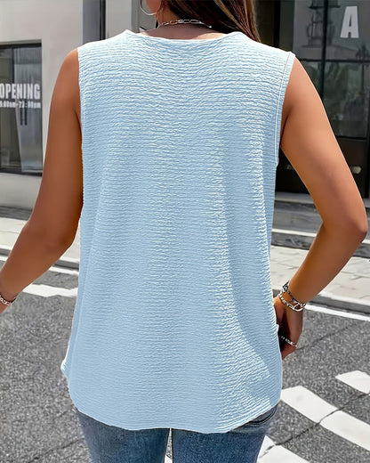 Seersucker Sleeveless Lapel Button Tank Top