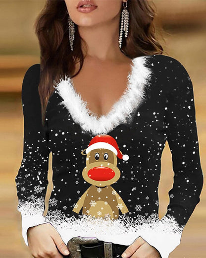 Fur Collar Slim-Fit Printed Top