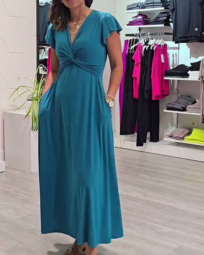 Short-Sleeved Solid Color Twisted Temperament Dress
