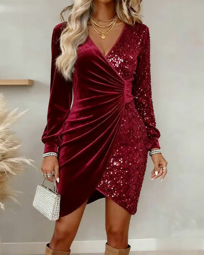 Sexy V-Neck Sequined Velvet Dress