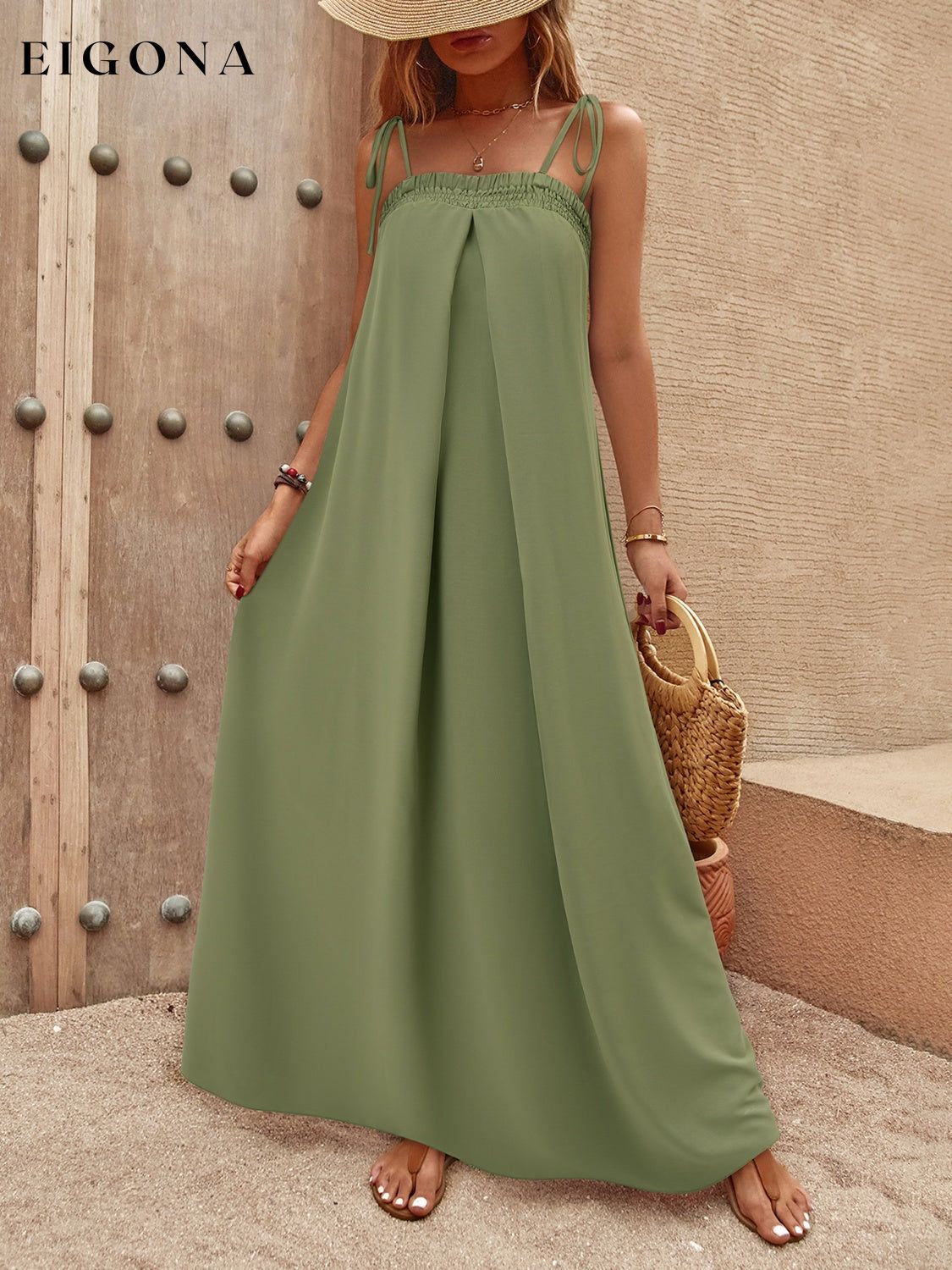 Tie-Shoulder Smocked Maxi Dress Matcha Green clothes dress dresses maxi dress S.N Ship From Overseas trendsi