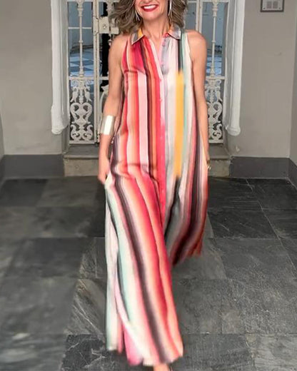 Lapel Colorful Striped Sleeveless Button-Down Dress