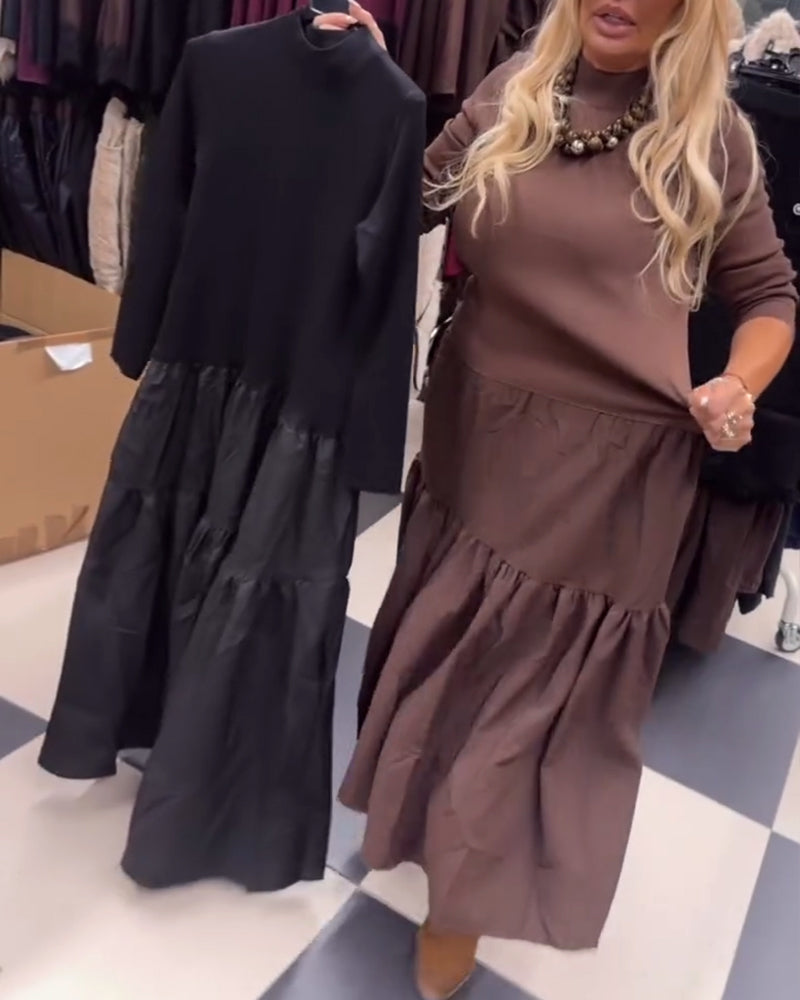 Paneled High-Neck Long-Sleeved Dress