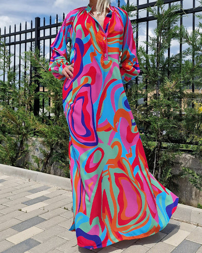 Colorful printed V-neck puff sleeve long dress casual dresses spring summer