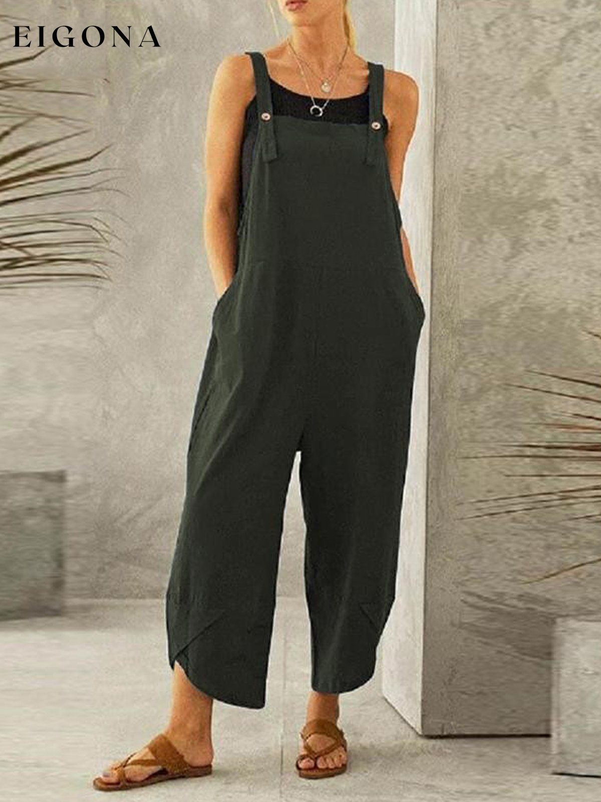 Women's Casual Pure Color Ankle-Length Overalls cotton linens