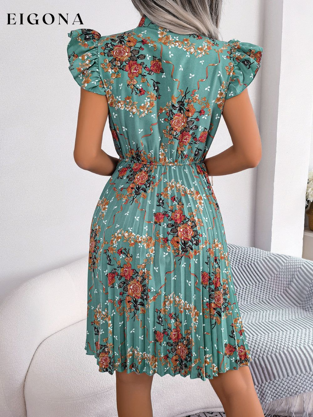 Pleated Floral Printed Tie Neck Knee Length Short Sleeve Dress B.J.S casual dress casual dresses clothes dress dresses Ship From Overseas short dress short dresses short sleeve dress short sleeve dresses