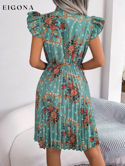 Pleated Floral Printed Tie Neck Knee Length Short Sleeve Dress B.J.S casual dress casual dresses clothes dress dresses Ship From Overseas short dress short dresses short sleeve dress short sleeve dresses