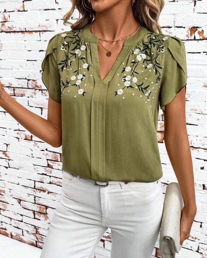Petal Sleeve V-Neck Print Blouse