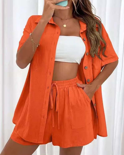 Casual solid color shirt and shorts set 202466 summer two-piece sets