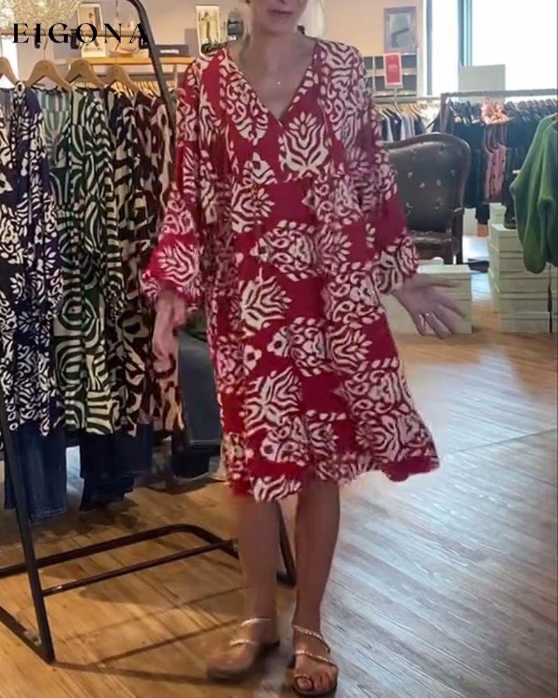 V-neck printed long-sleeved casual dress casual dresses spring summer