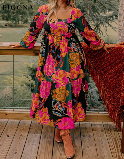 Multicolour Floral Print Square Neck High Waist Plus Size Dress casual dresses clothes Color Multicolor Color Orange Color Pink dress dresses long sleeve dress long sleeve dresses maxi dress midi dress midi dresses Occasion Daily Print Floral Season Spring Style Southern Belle