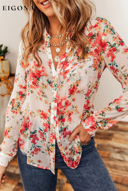 Vibrant Floral Print Chest Pocket Shirt All In Stock clothes Color Red DL Chic DL Exclusive long sleeve shirts long sleeve top long sleeve tops Occasion Daily Print Floral Season Winter shirt shirts Style Southern Belle top tops