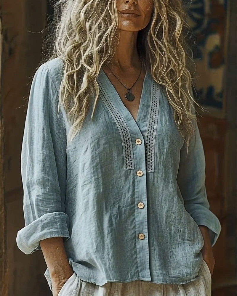 V-Neck Lace Paneled Linen Shirt
