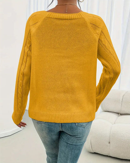 Solid Raglan Sleeve Buckle Cable Knit Sweater