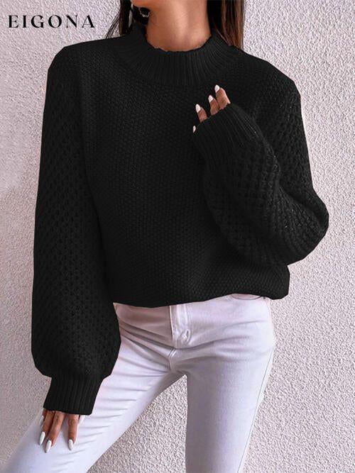 Openwork Mock Neck Long Sleeve Sweater Black clothes Ship From Overseas sweater sweaters Sweatshirt X.W