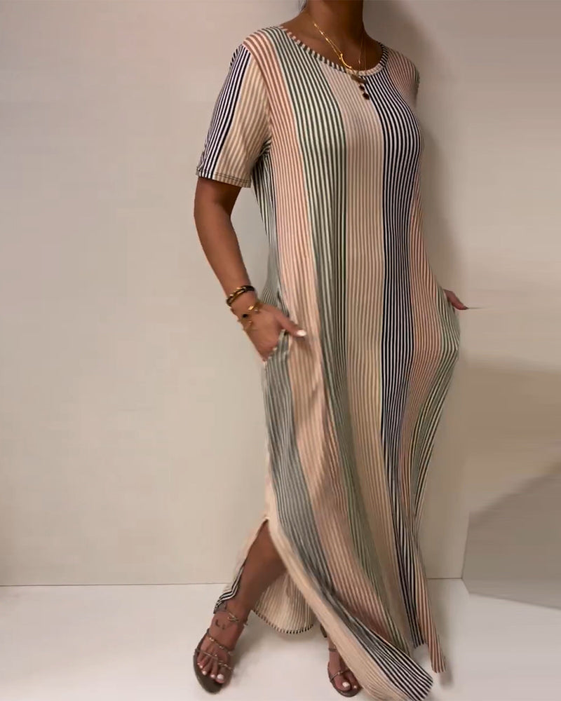 Striped Slit Casual Long Dress