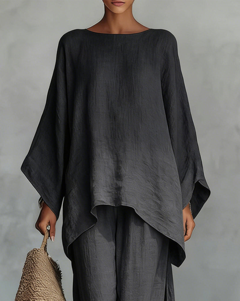 Solid color shirt and wide-leg pants suit