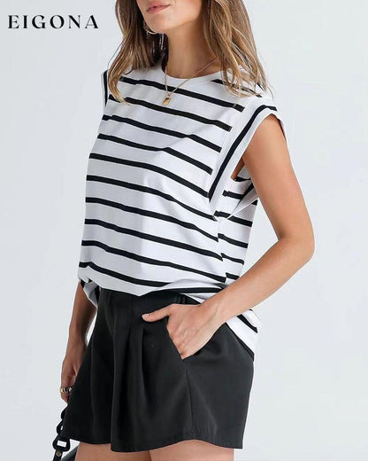 Casual striped print round neck sleeveless top blouses & shirts spring summer