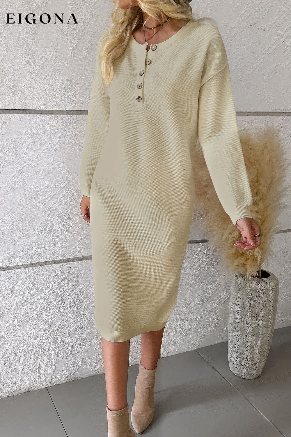 Buttoned Drop Shoulder Sweater Dress, Casual Long Sleeve Dresses Beige casual dress casual dresses clothes dresses DY Ship From Overseas Sweater sweater dress sweaters
