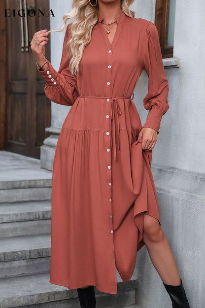 Button Down Notched Neck Dress clothes dress dresses Hundredth Ship From Overseas trendsi