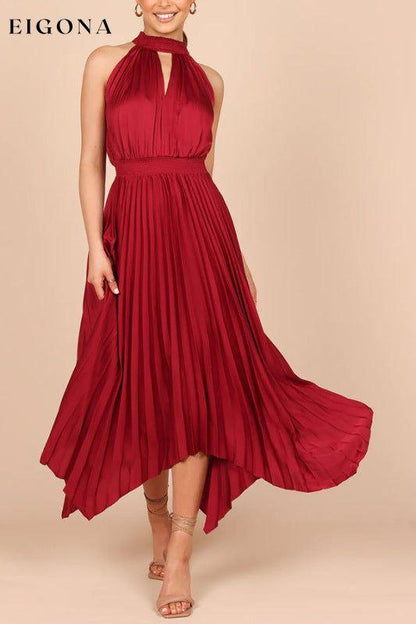 Women's Dress, folded solid color sleeveless halterneck V-neck irregular midi dress Wine Red clothes dress dresses halter dress maxi dress midi dress