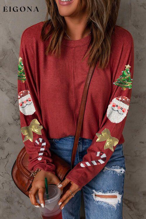 Santa Sequin Round Neck Long Sleeve Blouse clothes Ship From Overseas SYNZ