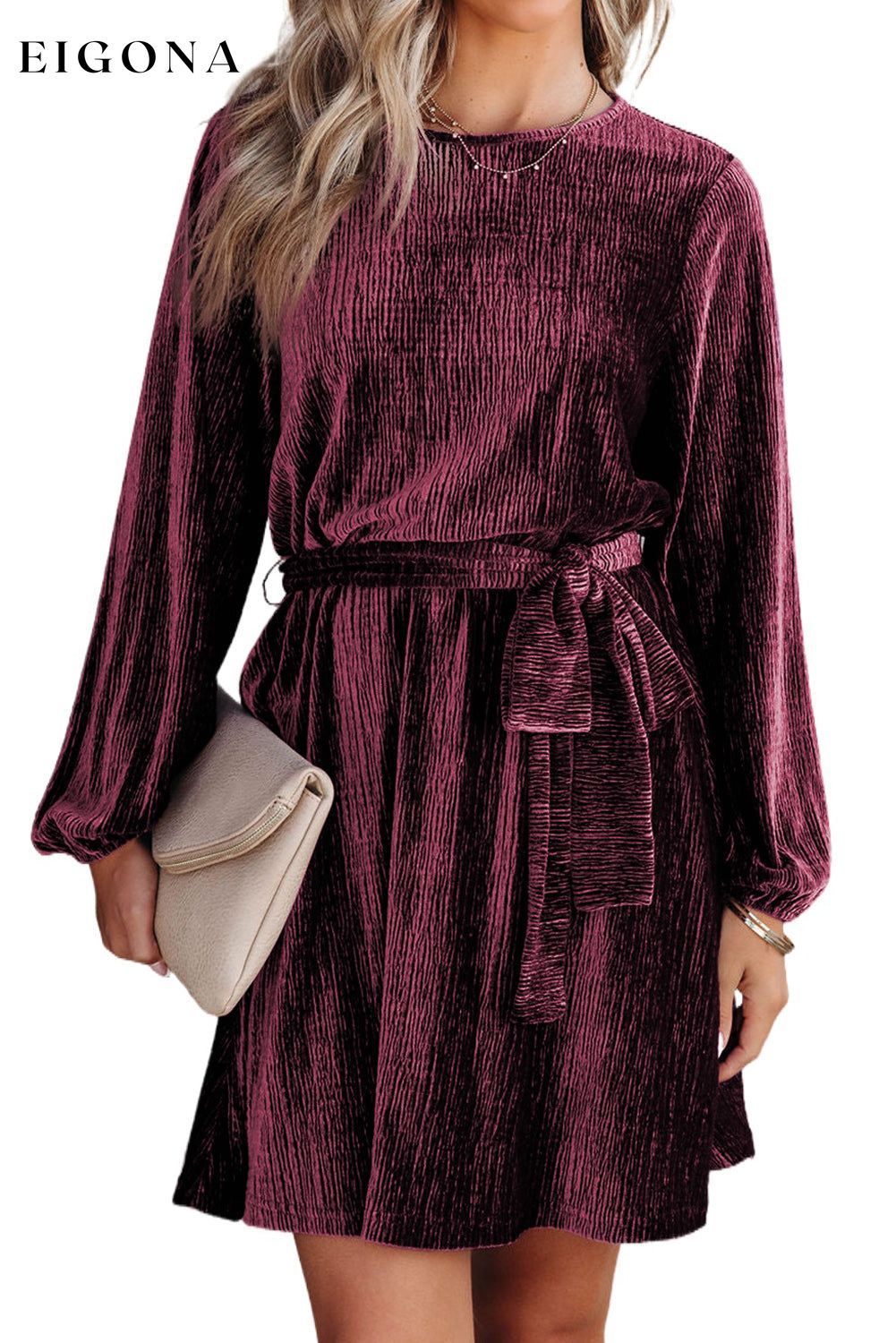 Fiery Red Tie Waist Crinkle Velvet Dress casual dress casual dresses clothes Color Purple dress dresses Fabric Velvet long sleeve dresses Occasion Daily Print Solid Color Season Winter short dresses Silhouette A-Line Style Elegant