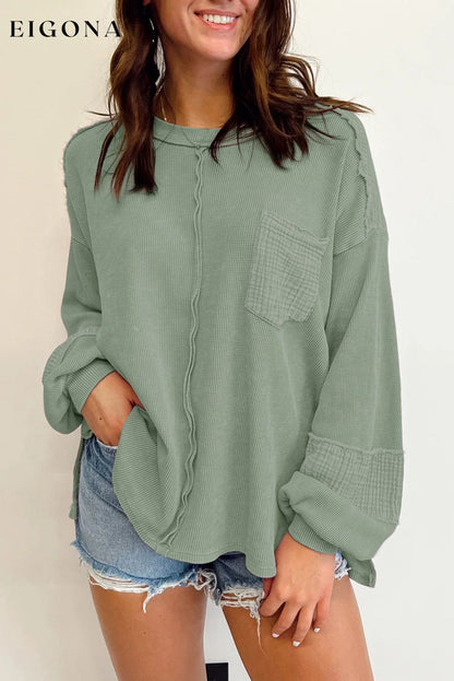 Waffle-Knit Exposed Seam Lantern Sleeve Blouse Sage 2XL clothes Ship From Overseas SYNZ