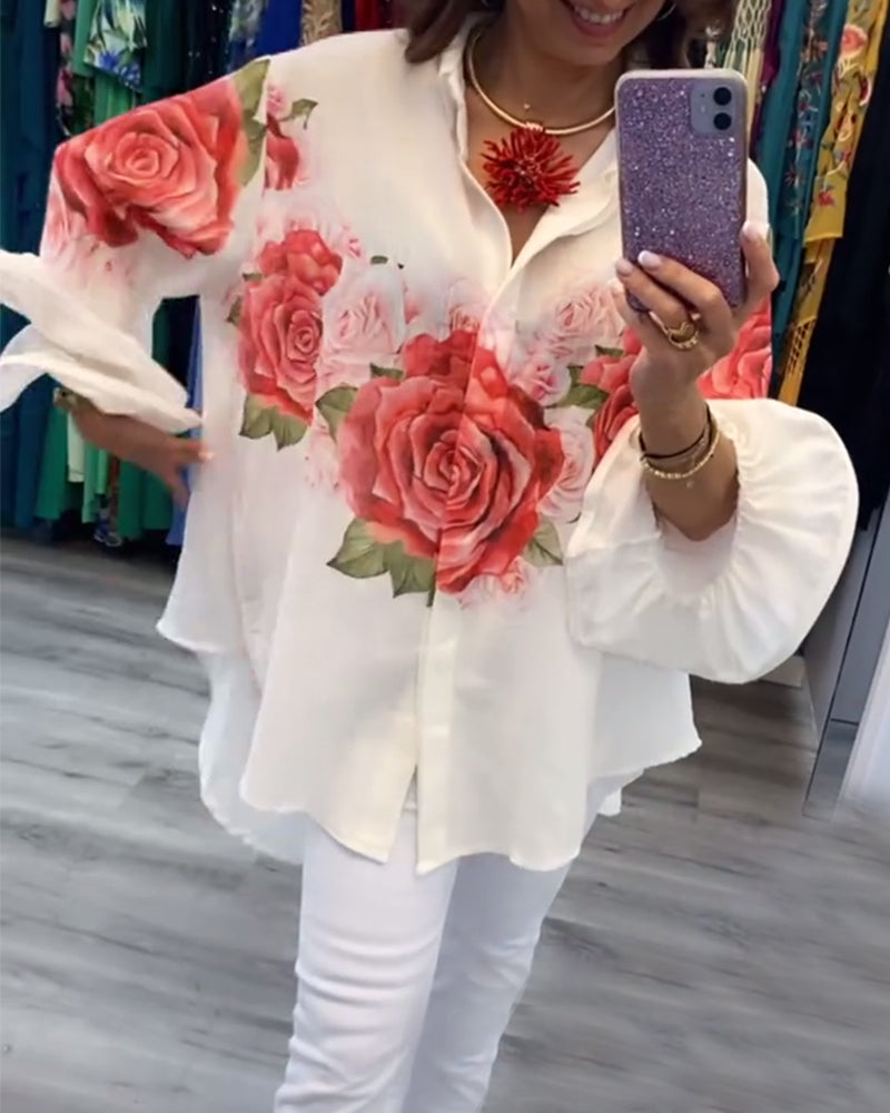 Long-sleeved rose print shirt blouses & shirts spring summer